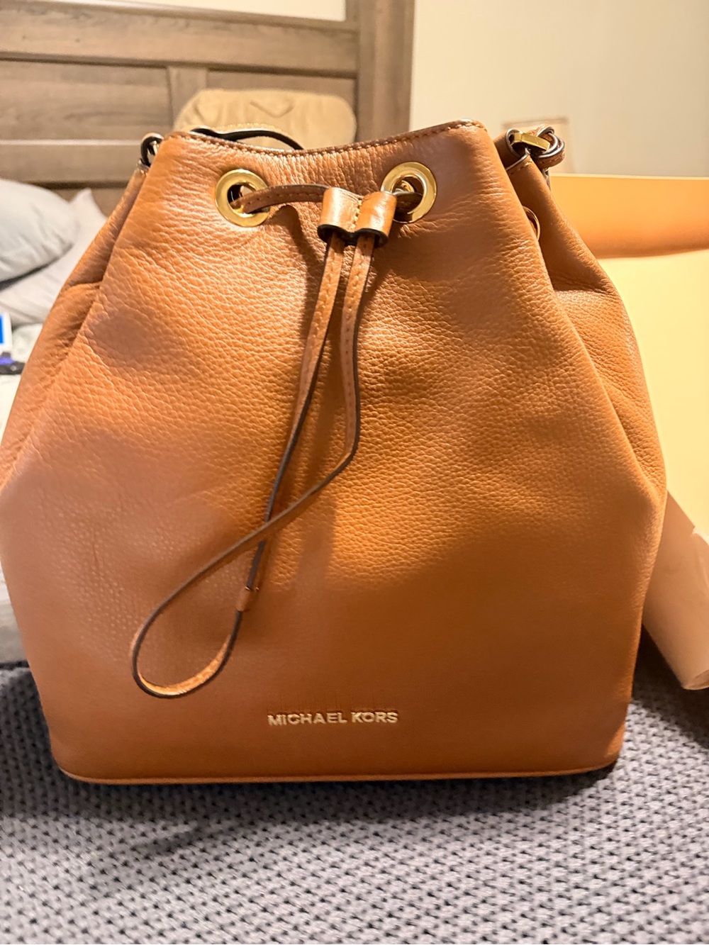 Michael Kors Cognac Leather Drawstring Bucket Shoulder Bag
